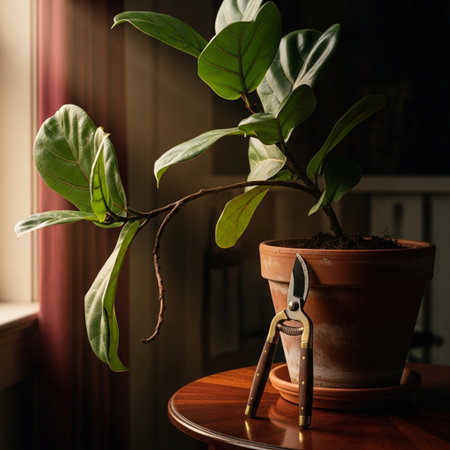 Gardening tools and plant in a pot on a wooden tableの素材