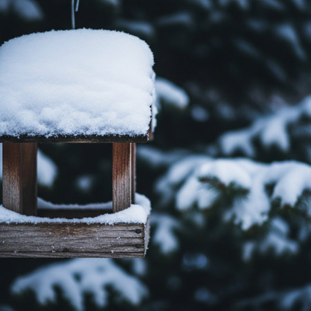 Bird feeder covered with snow in winter forest. Selective focus.の素材