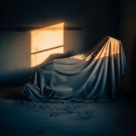 Silhouette of a person in a room covered with a blanketの素材