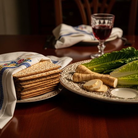Traditional Jewish Passover Seder plate with matzah and wine glassの素材