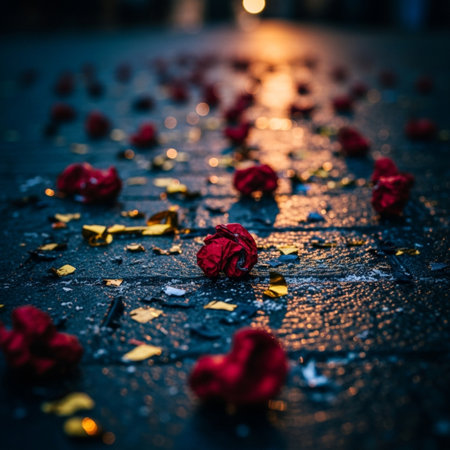 Dry rose petals on the road. Selective focus.の素材