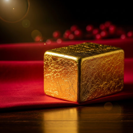 golden gift box on red satin background with bokehの素材