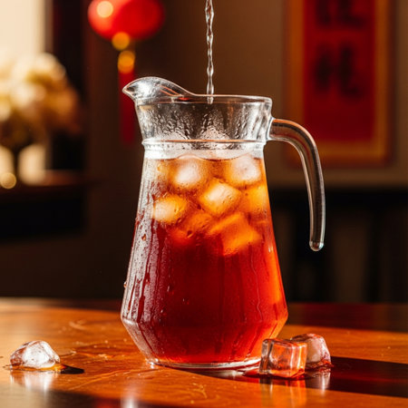 Iced tea in a glass jug on a table in a restaurantの素材