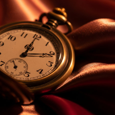 Vintage pocket watch on red satin background. Close up.の素材
