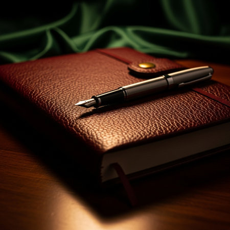 Notebook and fountain pen on wooden table with green satin backgroundの素材