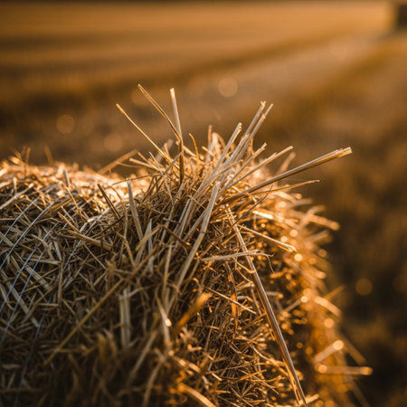 Close up of a hay bale in a wheat field at sunsetの素材