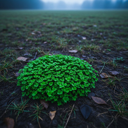 Small green plant on the ground in the morning fog. Nature backgroundの素材