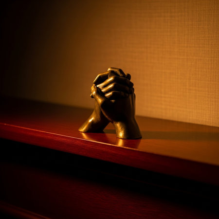 Silhouette of a praying hand on a wooden table. Selective focus.の素材