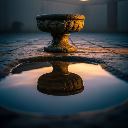 Reflection of the sun in a small fountain at night, Prague, Czech Republicの素材