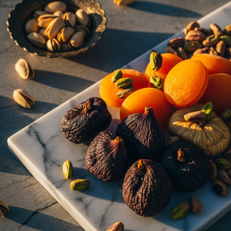 Pistachio nuts and dried figs on a marble plateの素材