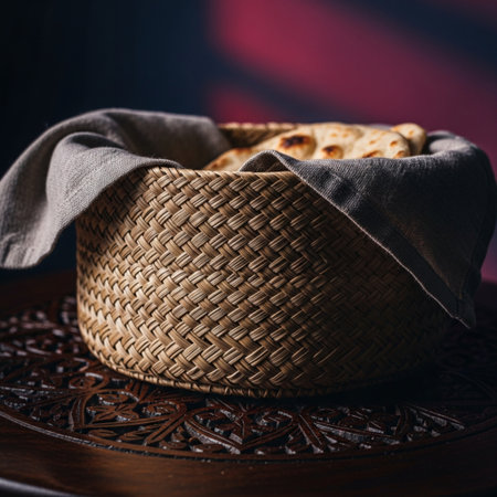 Basket of matzo bread on a dark background. Shallow dof.の素材