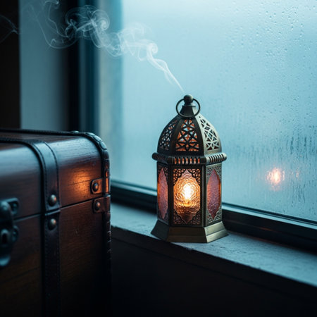 Lantern on the window with a burning candle and a suitcaseの素材