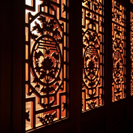 Thai art pattern on wood wall in temple,Thailand.の素材