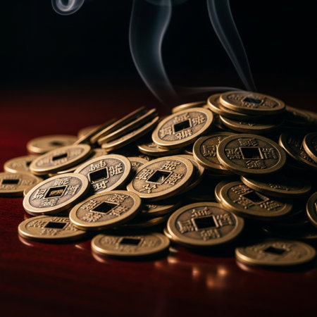 Coins on a dark background with smoke. Shallow depth of fieldの素材
