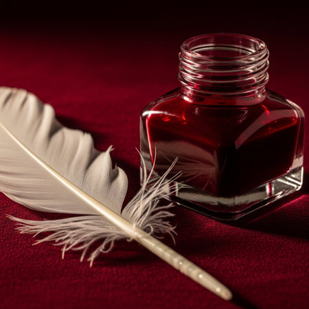 Red nail polish bottle, feather and inkwell on red velvet backgroundの素材