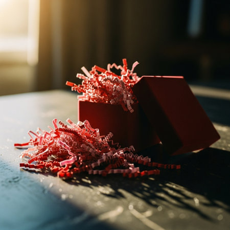 Red gift box with confetti on wooden table. Christmas concept.の素材