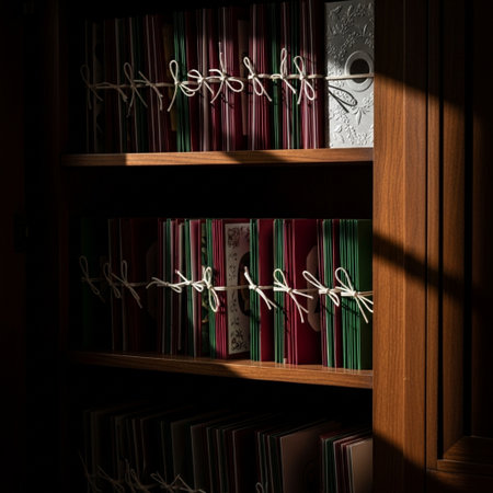 Wooden bookcase in dark room with lights and shadows on the wallの素材