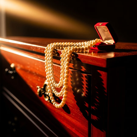 jewelry box with a pearl necklace and ring on a dark backgroundの素材