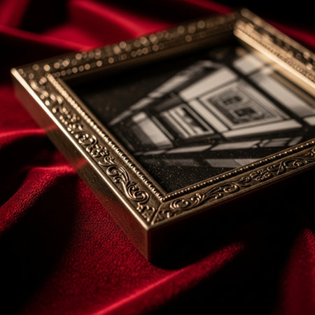 Picture frame on red satin background. Close up. Selective focus.の素材