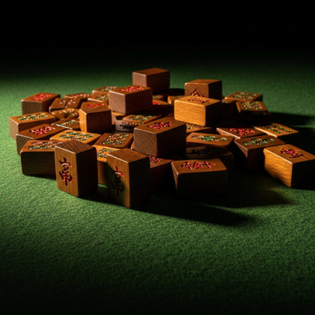 Wooden Dominoes on Green Table. Selective Focus.の素材
