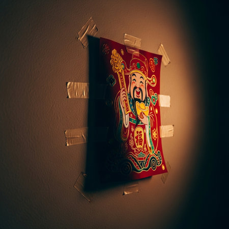 Chinese New Year greeting card hanging on the wall. Toned.の素材