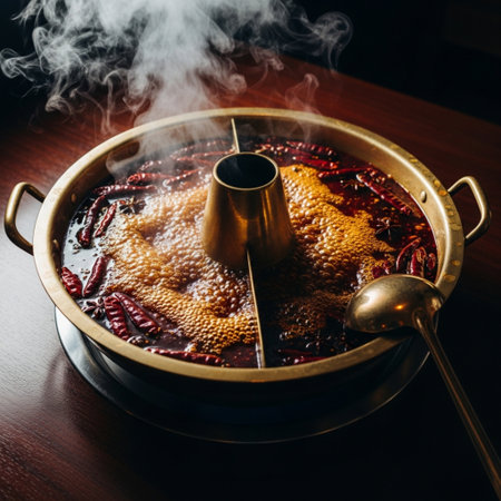 Hot pot with boiling water on a wooden table in a restaurant.の素材