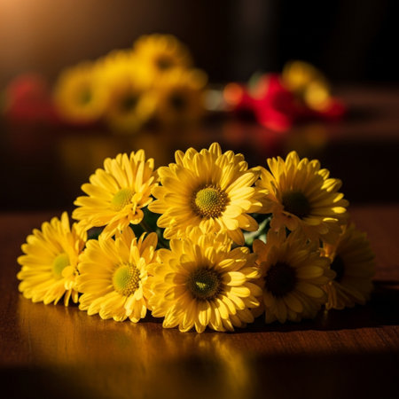 Yellow chrysanthemum flowers on a wooden table with sunlightの素材