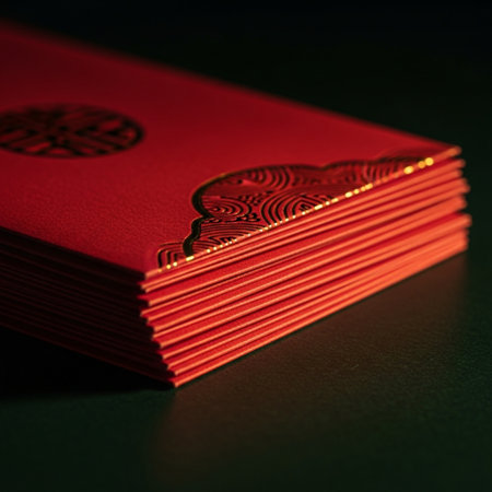 Red envelopes on a dark background. Close-up image.の素材
