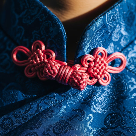 Close up of a woman's hand wearing a blue dress with a lace pattern.の素材