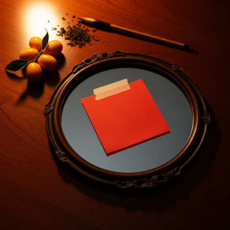 Blank red paper sheet on vintage mirror and kumquatの素材