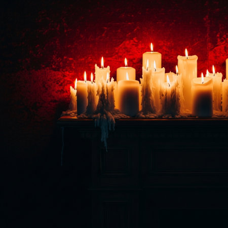 Burning candles on the mantelpiece of an old house.の素材