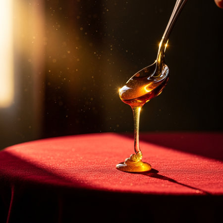 Honey pouring from a spoon into a glass bowl on a tableの素材