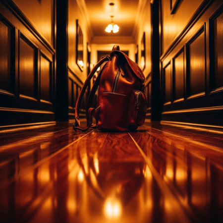 Red leather backpack on the floor in the hallway of the hotel.の素材