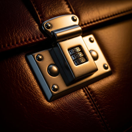 Closeup of a combination lock on a brown leather briefcase.の素材