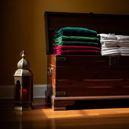 Wooden chest with clothes and lantern in the dark room. Selective focus.の素材