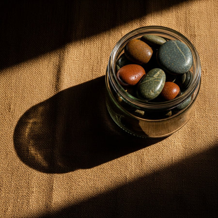 A glass jar filled with pebbles on a burlap backgroundの素材