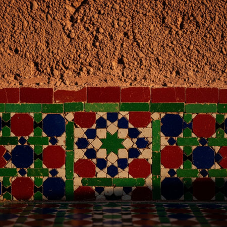 Colorful ceramic tiles on the wall of a house in Morocco.の素材