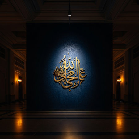 3D rendering of the interior of a mosque with a blue wallの素材