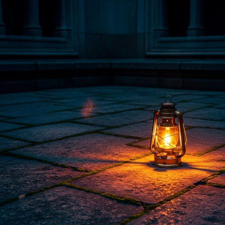 Lantern with burning candle on the pavement in the evening.の素材