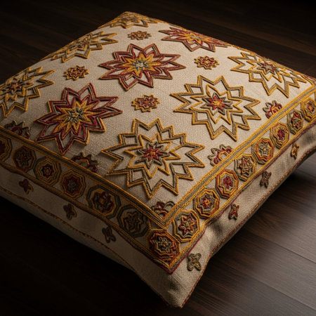 Close up of decorative pillows in a room with wooden floor.の素材