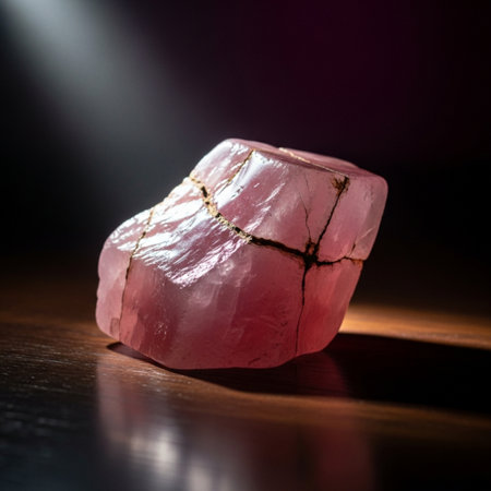 A piece of pink quartz on a dark background with a beam of lightの素材