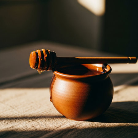 Honey pot with wooden drizzler on table in sunlight.の素材