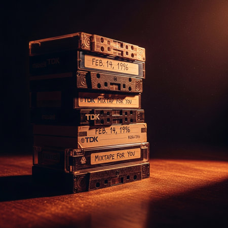 Audio cassettes on a dark background. Vintage style toned pictureの素材