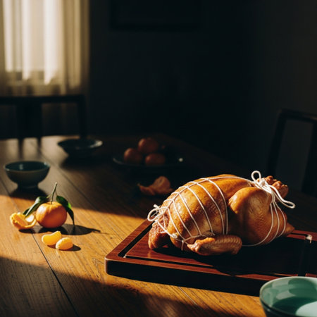 Roasted turkey on wooden cutting board with tangerines on tableの素材