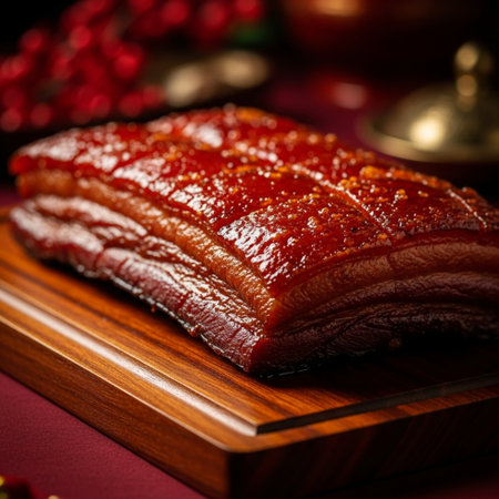 Slices of smoked pork on a wooden board. Selective focus.の素材