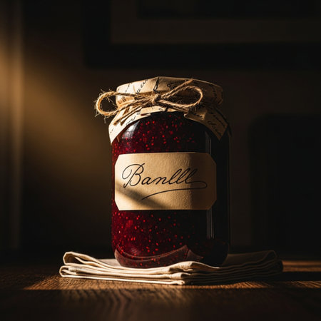 Strawberry jam in a glass jar on a wooden background.の素材
