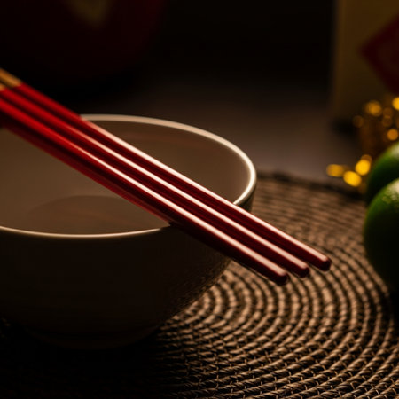 Close up of chopsticks in a bowl and lime on a bamboo matの素材