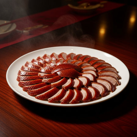 Slices of smoked pork on a white plate on a wooden tableの素材