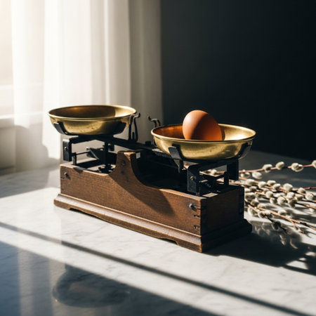 Easter still life with eggs on a wooden scale and willow branchesの素材