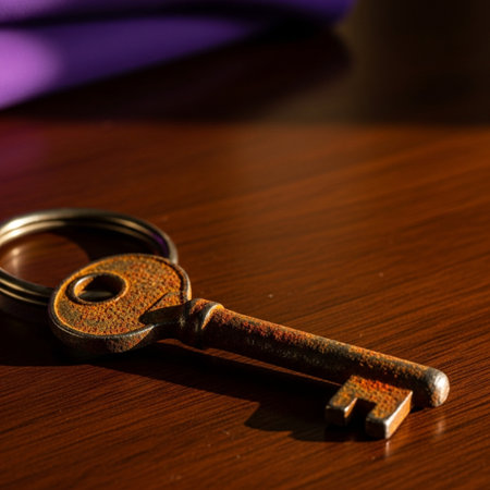 Key on a wooden table with a purple cloth in the background.の素材
